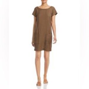 Eileen Fisher Textured Linen Blend Shift Dress Brown Patch Pocket Size S